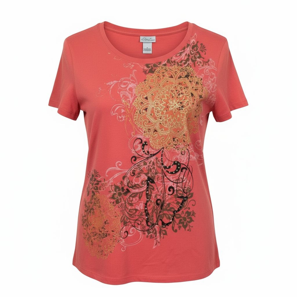 Kim Rogers Short Sleeve T-Shirt Pink Embellished Foil Print Women's Size Large